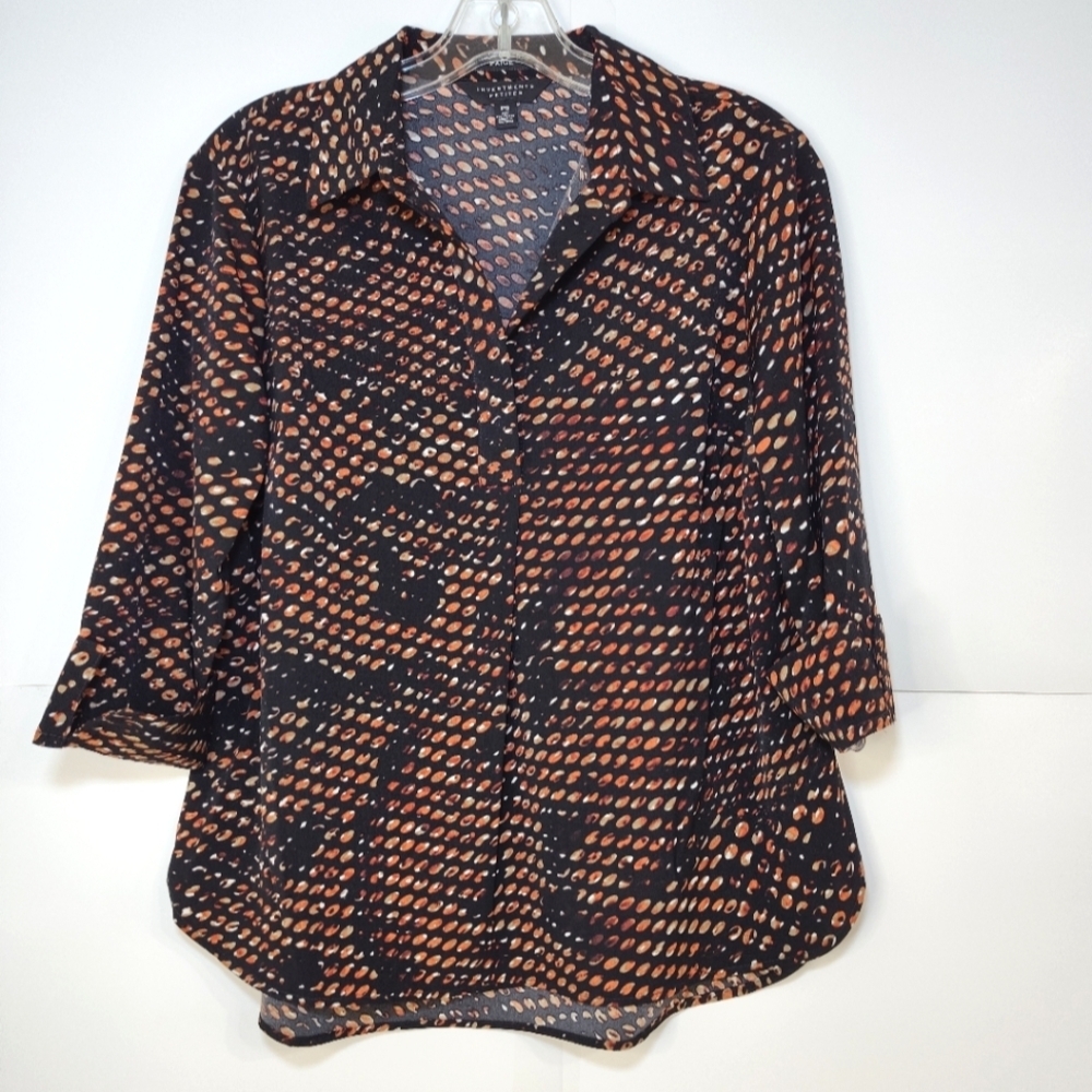 Invesments Women's Black and Orange Patterned Top Size (PS)